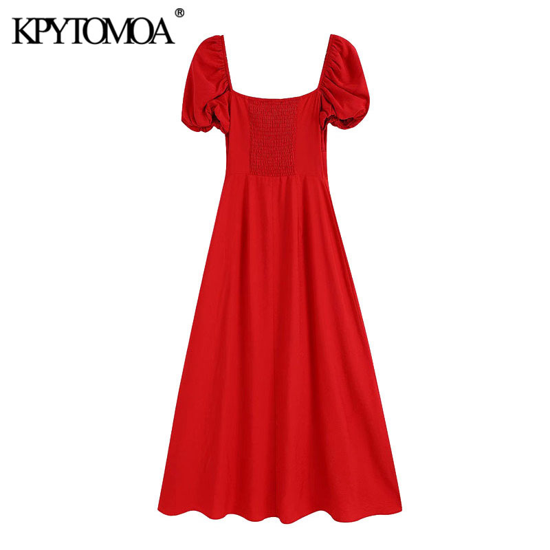 Women Chic Fashion With Buttons Midi Dress Puff Sleeves Back Smocked Detail Female Dresses Vestidos Mujer 210420