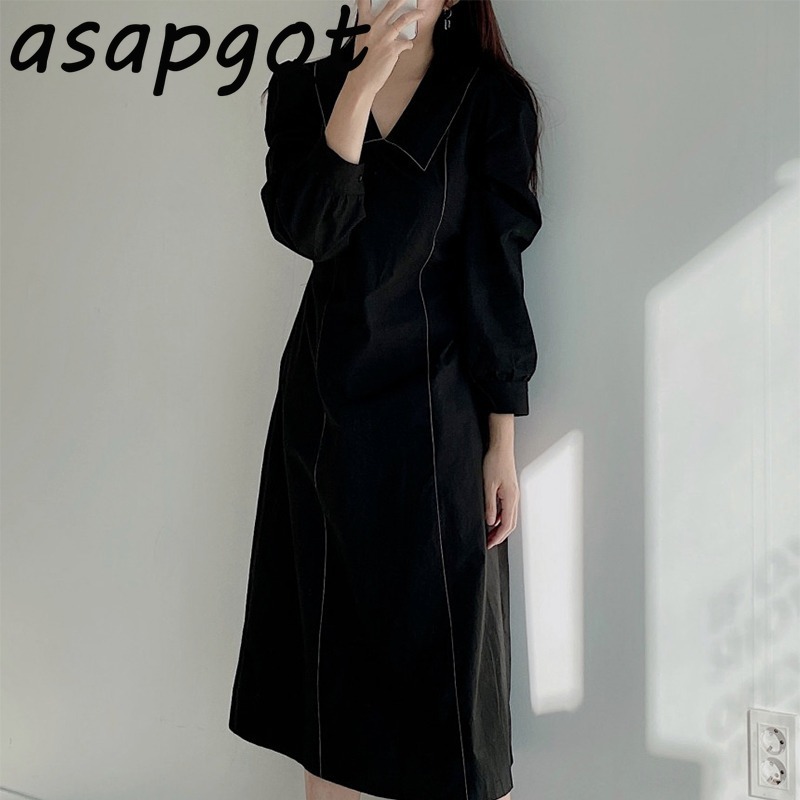 Dress Elegant Temperament Minimalist Spring Puff Full Sleeve Big Lapel Women Lace Up Waist Slim Vestido De Mujer 210429
