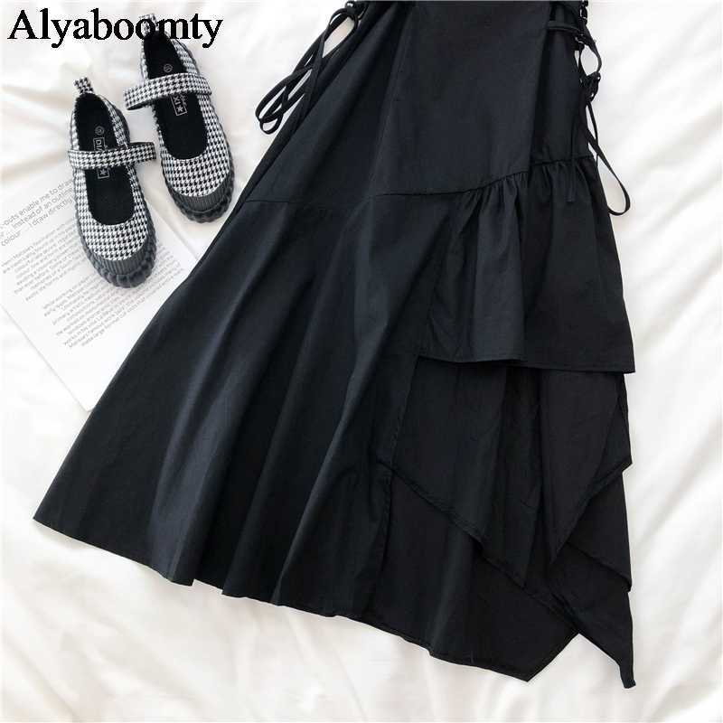 Japanese Harajuku Women Streetwear Irregular Sundress Suspenders Gothic Punk Style Black Bandage Dress Sleeveless Slim Dress 210630