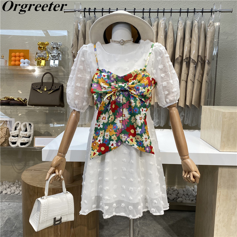Floral Bow Camisole and Cute Appliques Dot Puff sleeve Chiffon Dress Suits Summer Spaghetti Strap Tops 2 Piece sets 210525, White
Floral Bow Camisole and Cute Appliques Dot Puff sleeve Chiffon Dress Suits Summer Spaghetti Strap Tops 2 Piece sets 210525, White