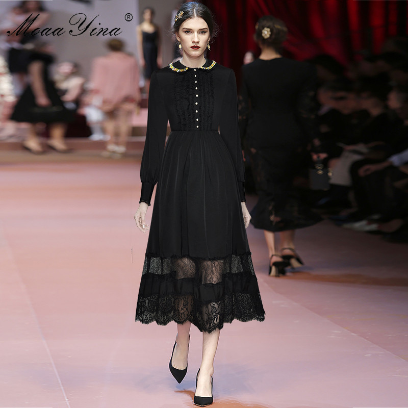 Fashion dress Spring Women's Dress Beaded Diamond Peter pan Collar Long sleeve Black Lace Elegant long Dresses 210524