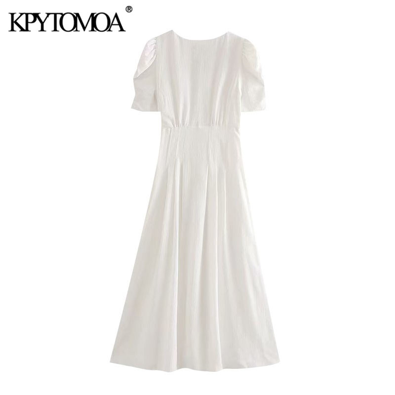 Women Elegant Fashion Solid Pleated Midi Dress V Neck Puff Sleeve Female Dresses Chic Vestidos Mujer 210420