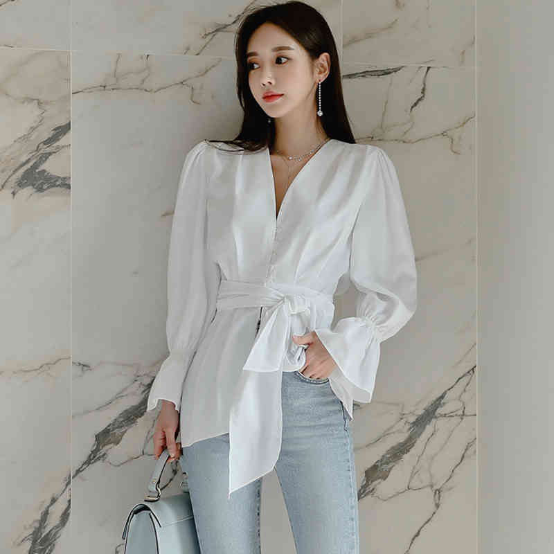 Long sleeve Autumn Clothes Women's shirt Sleeve irregular Blouse Shirts Cotton V Neck White Bow Women Tops 94H 210420