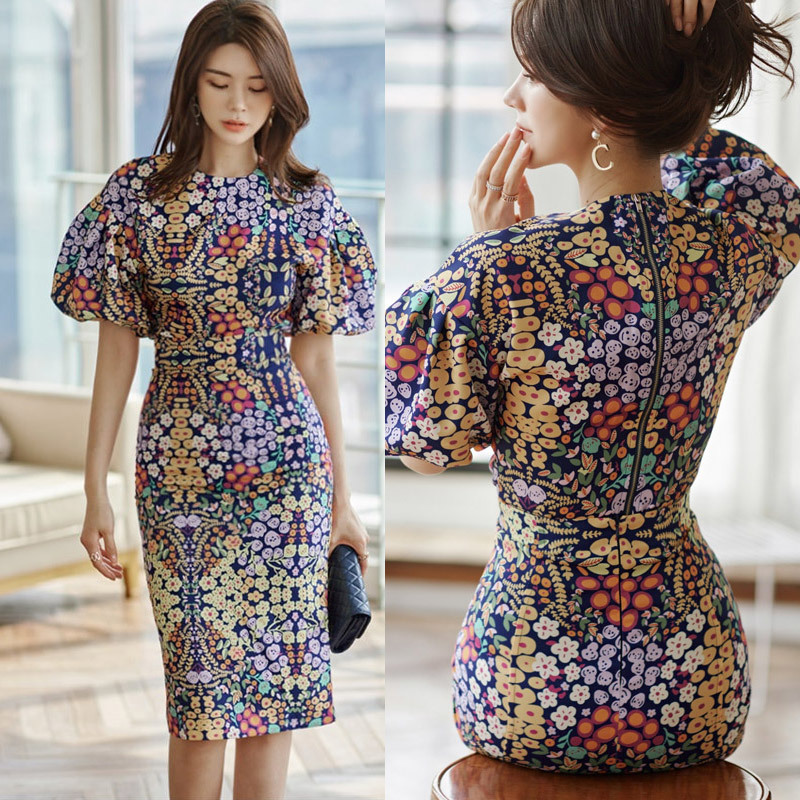 Summer Women Skirt Set Fashion Print Lantern Sleeve Shirt Tops + High Waist Pencil Skirts Suit 210506