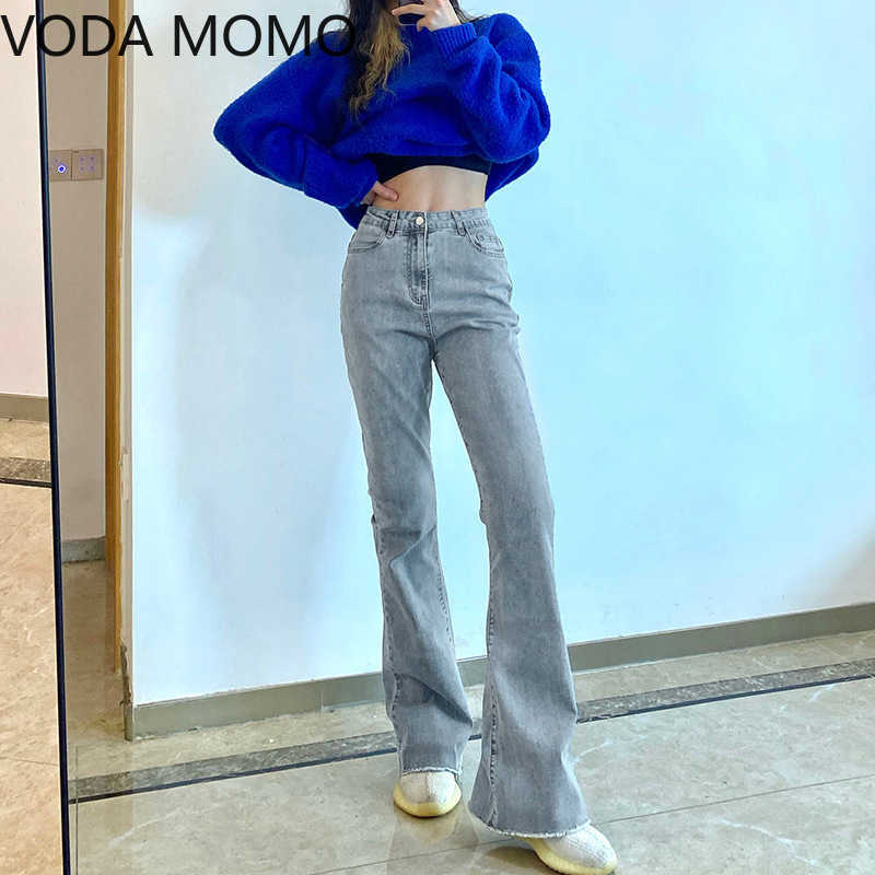 Casual Solid Flare Jeans woman For Girls Female Fashion Women's Vintage Denim Pants High Waisted Trouser Harajuku Capris 210922