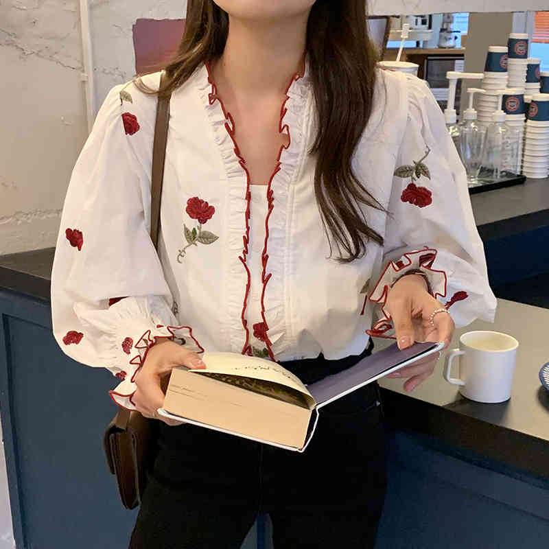 Nomikuma Floral Embroidery Korea Chic Blouse Shirt Causal V-neck Puff Sleeve Women Tops Spring New Camisas Mujer 6G448 210427