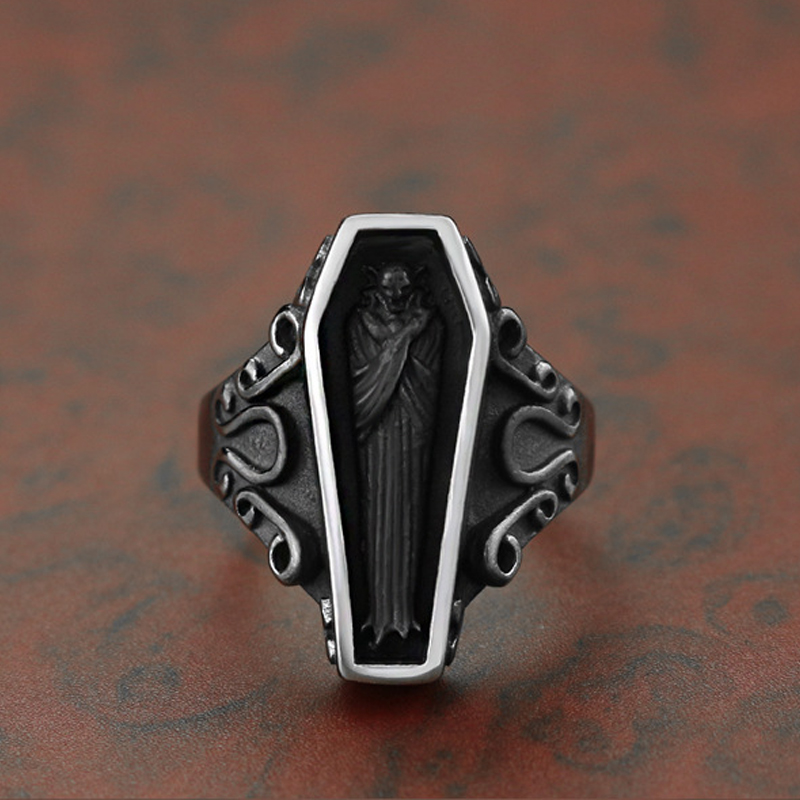 Vintage Men Stainless Steel Ring Portrait Vampire Coffin Ghost Gothic Punk for Male Boyfriend Gift