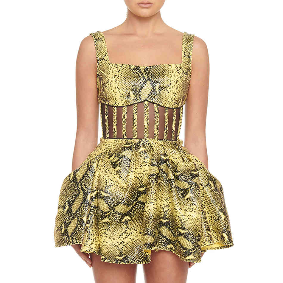 Summer Women Spaghetti Strap Lace Mini Dress Sexy Sleeveless Yellow Club Celebrity Runway Party Ball Gown Dresses 210423