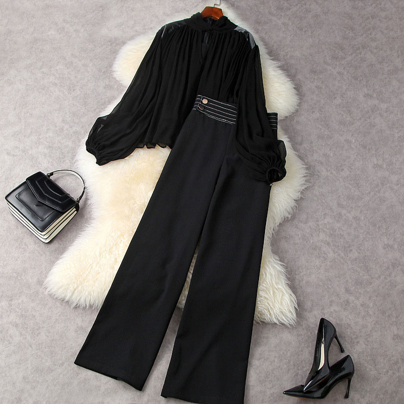 2021 Spring Summer Long Sleeve Round Neck Black Chiffon Panelled Top + Wide Leg Trousers Long Pants Two Piece Suits 2 Pieces Set 21A022007
2021 Spring Summer Long Sleeve Round Neck Black Chiffon Panelled Top + Wide Leg Trousers Long Pants Two Piece Suits 2 Pieces Set 21A022007