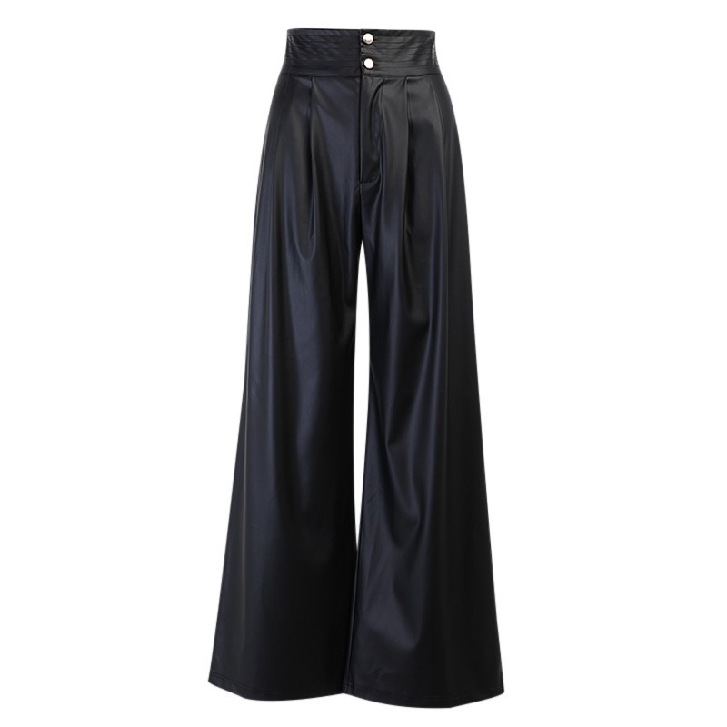 Women Pants Capris High Waisted PU Leather Trousers Black Wide Leg Loose Long Ladies 210513