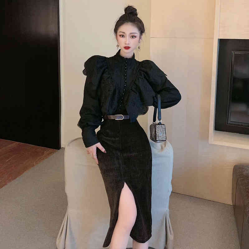 Spring Ruffles Lace Blouse Women's Stand Collar Lantern Sleeve Elegant Vintage Fashion Office OL Shirt 210519