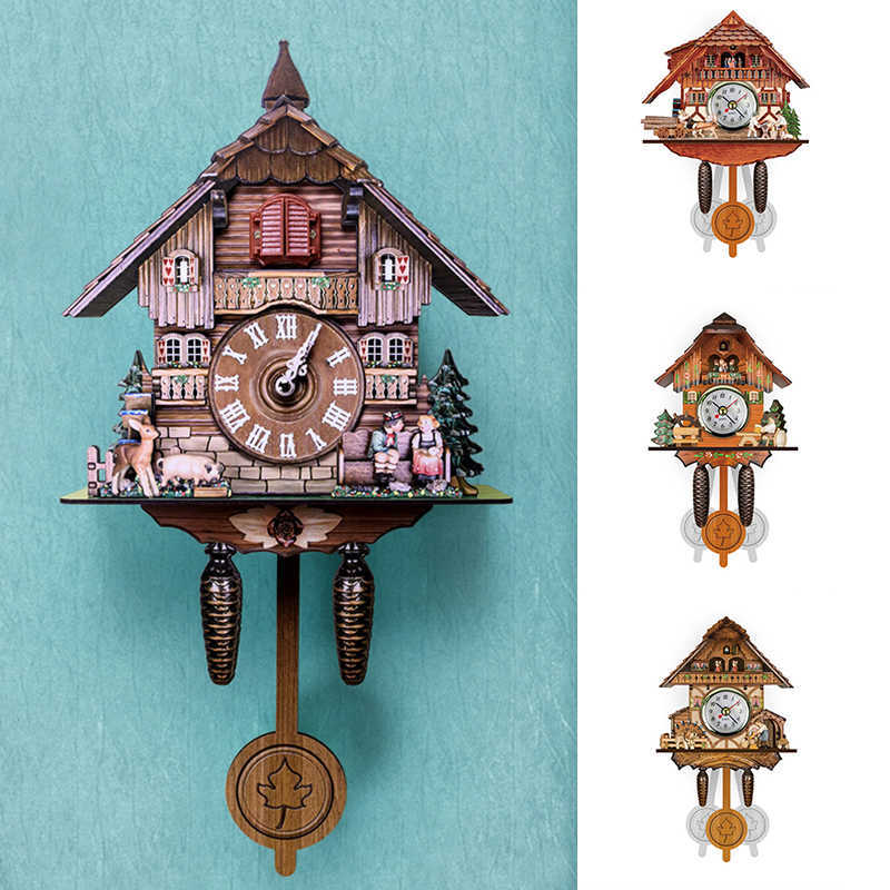 Cuckoo Clock Wall Clock Handicraft Vintage Wooden Cuckoo Tree House Clock for Bedroom Living Room School Office Free 210930