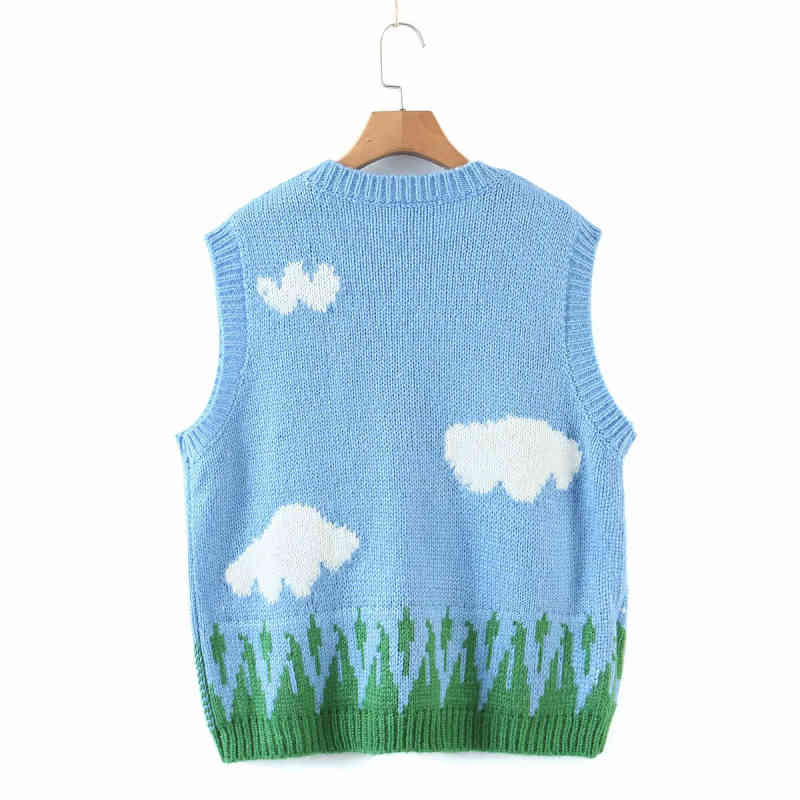 Casual Woman Loose Sky Embroidery Knitted Vest Spring Fashion Ladies V Neck Sleeveless Sweater Girls Cute Knitwear 210515