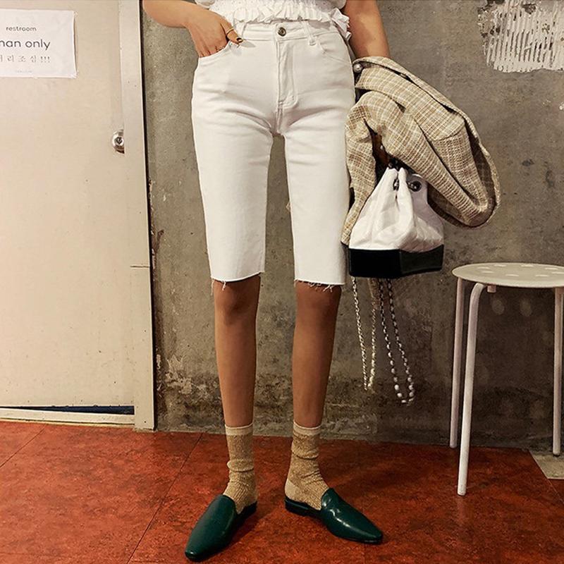 Knee Length Denim Shorts Women Push Up Elastic High Waist Biker Jean Summer 2021 White Streetwear Women's