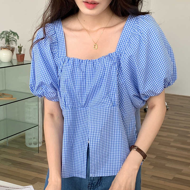 Korejpaa Women Shirt Summer Korean Chic Western Style Square Collar Exposed Clavicle Loose Check Puff Sleeve Split Blouses 210526