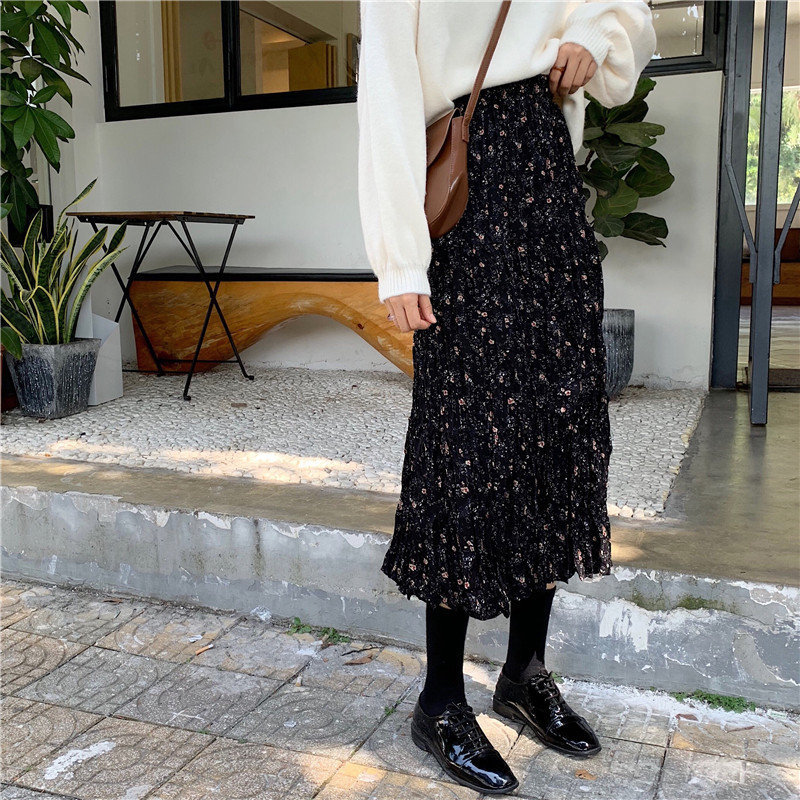 Sweet Chic Stylish Cute All-Match Print Long Thin Retro High Waist Floral Korean Autumn Winter Vintage Skirt 210421