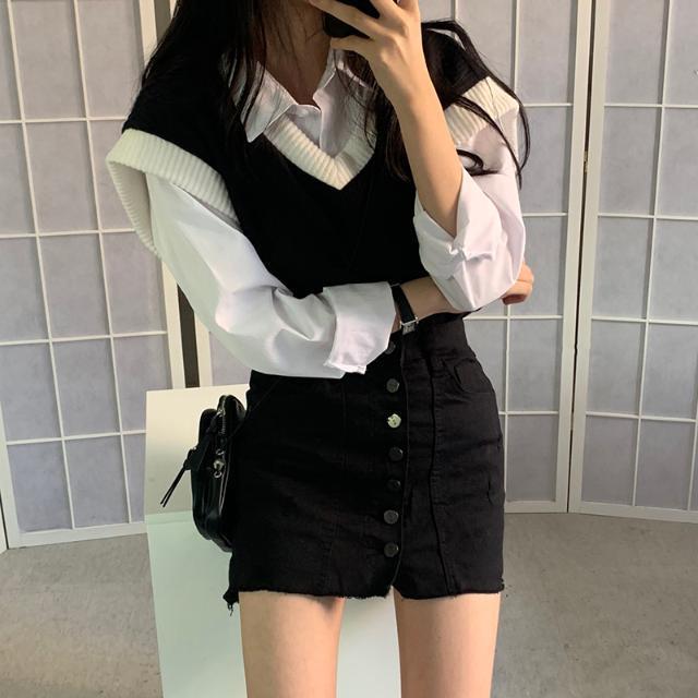 student tide stitching Korean style spring and autumn hit color wild V-neck vest sweater top women 210427