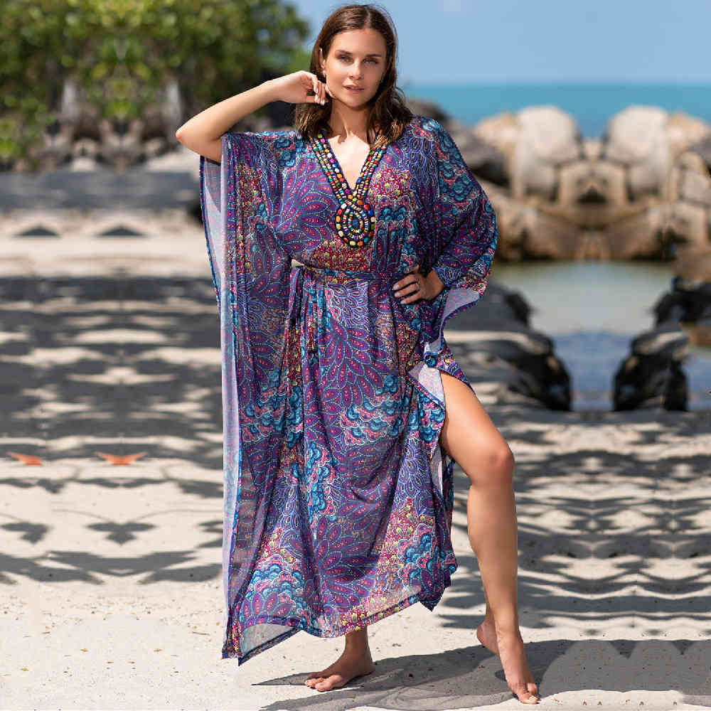 Embroidery Beach Cover up Saida de Praia Swimsuit Women Bikini cover Tunics for Pareo Sarong wear Q1189 210420