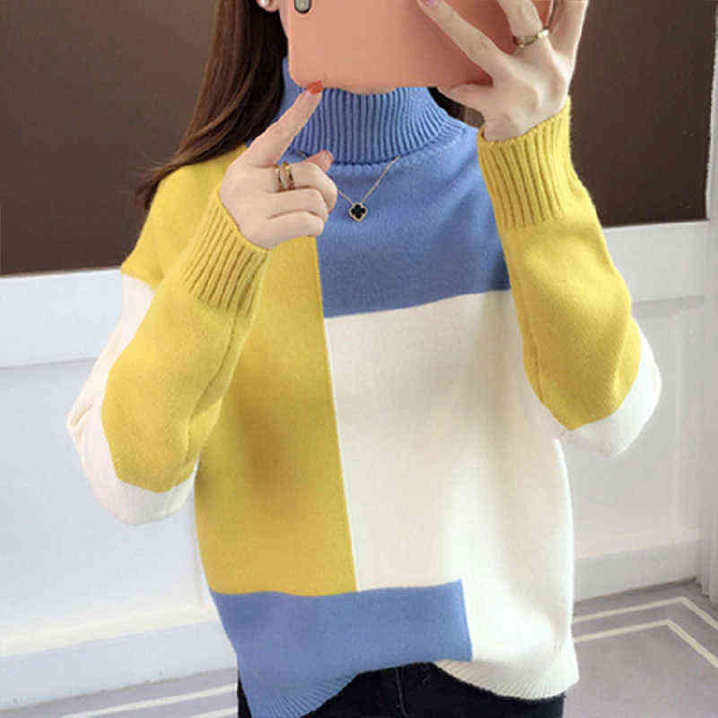 JMPRS Patchwork Women Pullover Sweater Autumn Loose O Neck Long Sleeve Knitted Thick Korean Fashion Female Jumper Sweater Top 211109