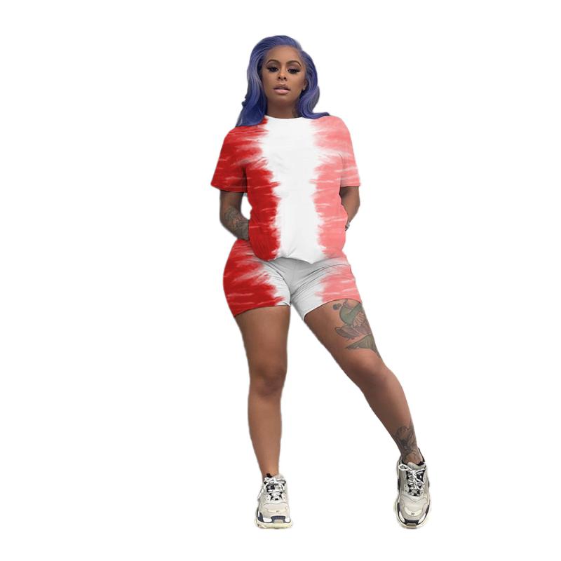 CM.YAYA Tie Dye Gradient Women's Set Ative T-shirt Shorts Matching Two Piece Outfits Sporty Tracksuit Workout Jogger Sweatsuit Tracksuits