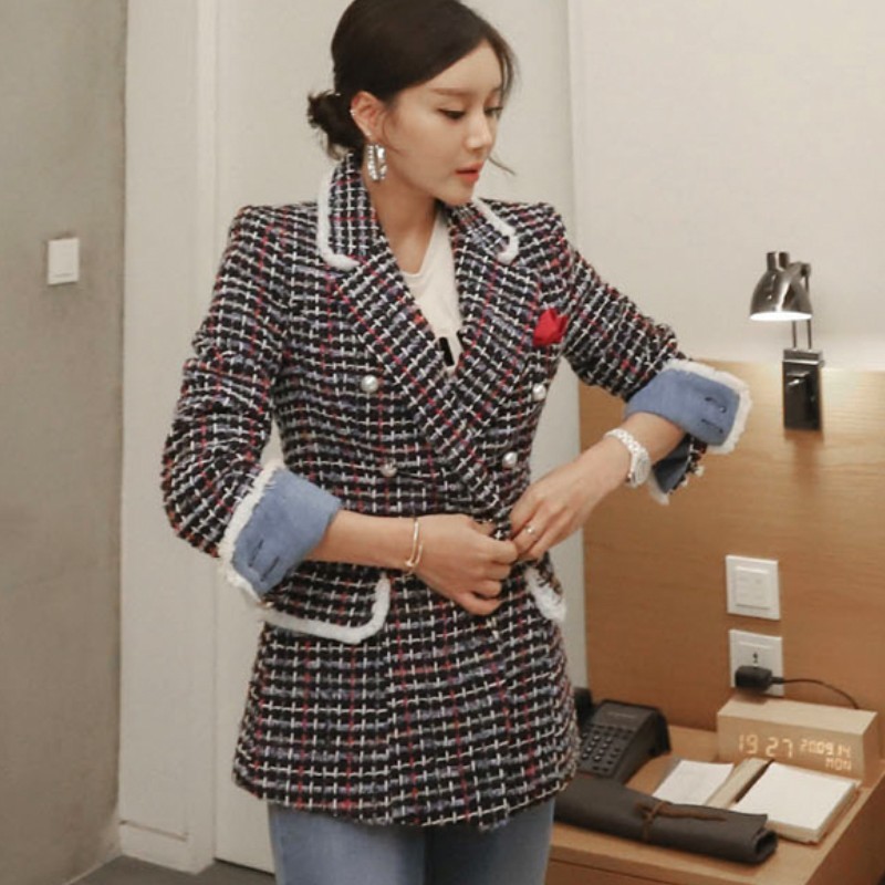 High Quality Winter Women Plaid Tweed Coat Office OL Wool Blends Double Breasted Long Sleeve Jacket Casaco Feminino 210518