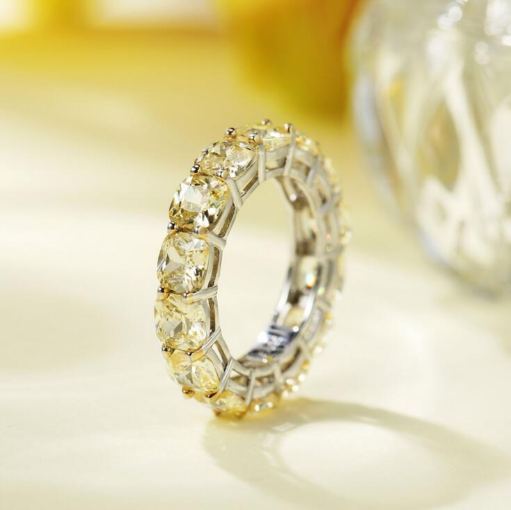 Cocktail Sparkling Simple Fashion Jewelry 925 Sterling Silver Cushion Shape Yellow Topaz CZ Diamond Statement Eternity Diamonique Women Wedding Band R