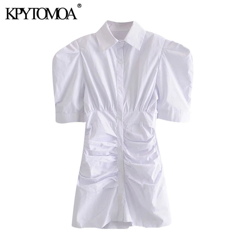 Women Chic Fashion Striped Pleated Fitted Mini Dress Puff Sleeves Button-up Female Dresses Vestidos Mujer 210420