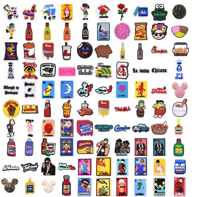 Wholesale 100 styles Mexican Inspired shoe Charms Gibbets Croc Charms Fit for Clog Shoes and Wristband Bracelet Decoration Kids Teen Adulty Party Gifts
Wholesale 100 styles Mexican Inspired shoe Charms Gibbets Croc Charms Fit for Clog Shoes and Wristband Bracelet Decoration Kids Teen Adulty Party Gifts