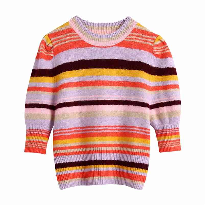 Women Summer Striped Slim Sweater Short Sleeve Knitted O-Neck Female Fashion Sweet Elasticity Sweaters Clothes 210513