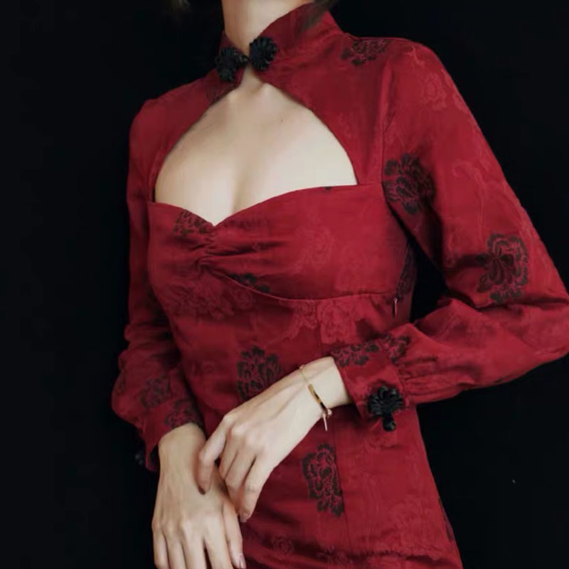 arrival Qipao Dress Women's Flower Embroidery slim hollow out sexy Asymmetric Tunic Party Prom midi Red 210421