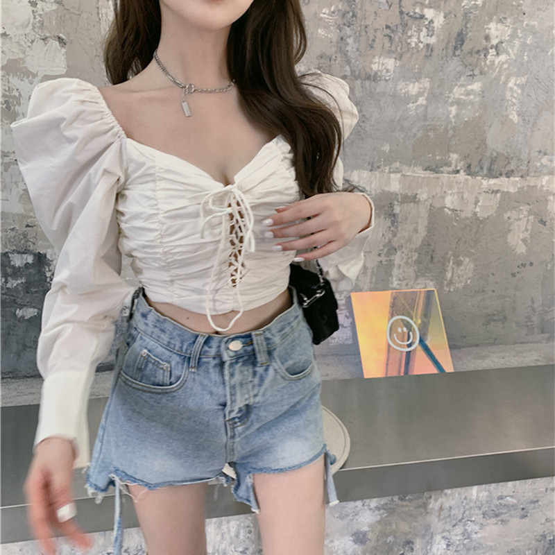 Nomikuma Sexy Slim Short Blouse Women Puff Long Sleeve V-neck Shirt Lace Up Korean Spring Blusas Mujer De Moda 6G020 210427
