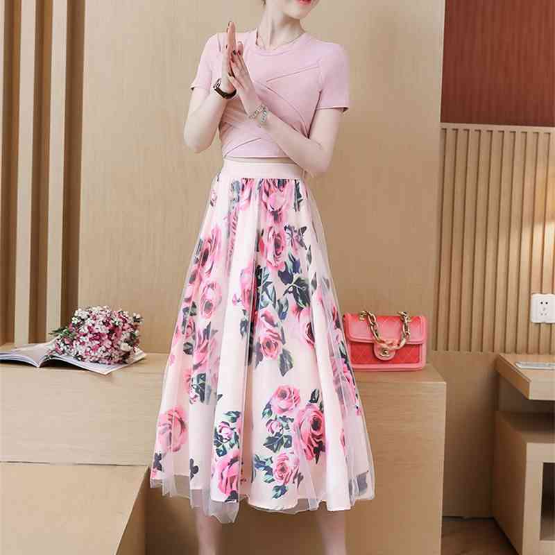 High quality Women Irregular T Shirt+Mesh Skirts Suits Bowknot Solid Tops Vintage Floral Skirt Sets Elegant Woman Two Piece Set 210519