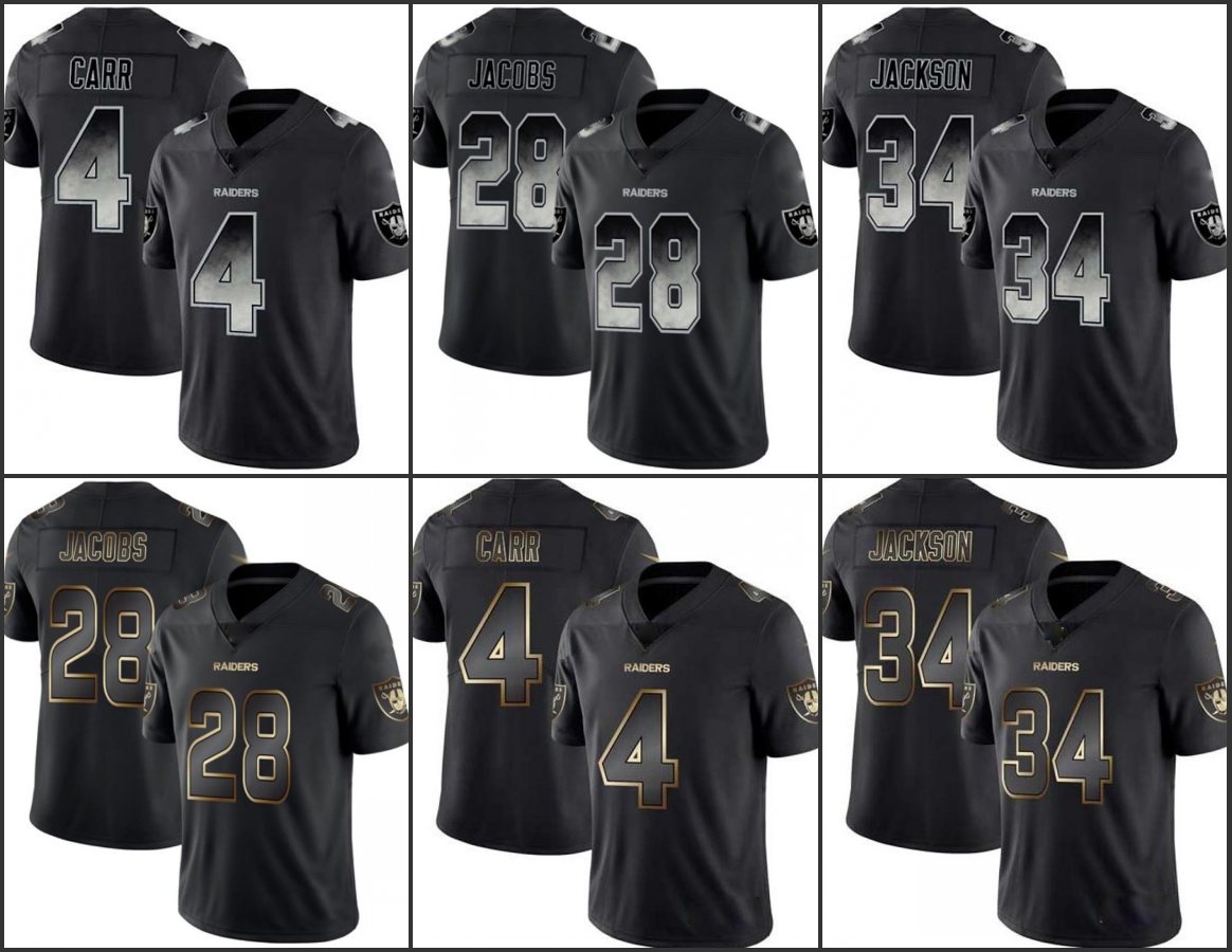 Las Vegas''Raiders''Men Limited #4 Derek Carr 28 Josh Jacobs 34 Bo Jackson Smoke Fashion Women Youth Black Golden Jersey
Las Vegas''Raiders''Men Limited #4 Derek Carr 28 Josh Jacobs 34 Bo Jackson Smoke Fashion Women Youth Black Golden Jersey