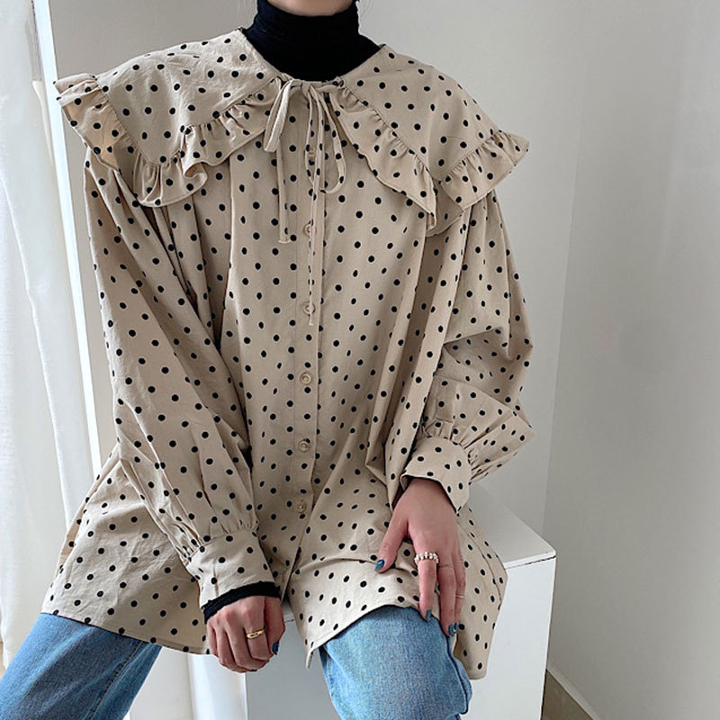 Nomikuma Korean Dot Women Doll Shirt Sweet Bow Tie Peter Pan Collar Blouse New Puff Long Sleeve Causal Blusas Femme 6D181 210427