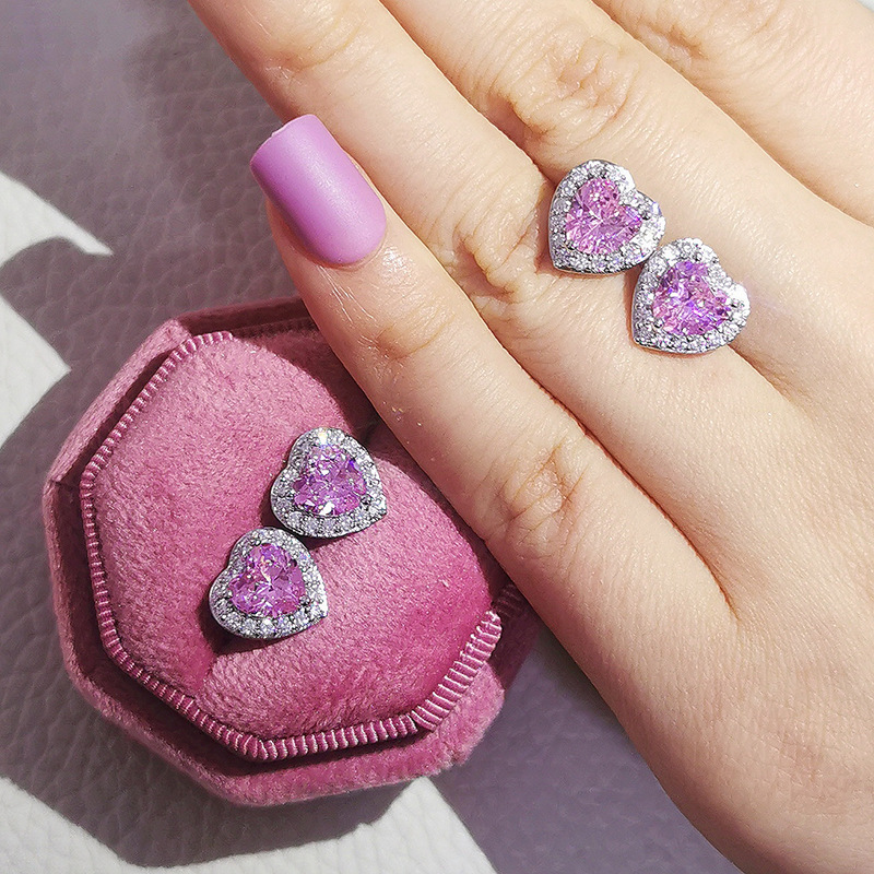 Choucong Simple Fashion Stud Earring Luxury Jewelry 925 Sterling Silver White Pink 5A Cubic Zircon Heart Shape Diamond Promise Gemstones Women Hollow 