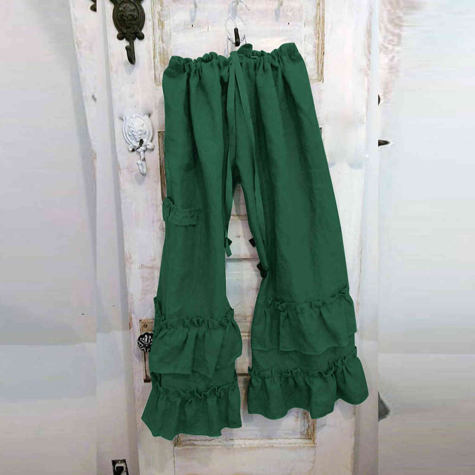 Jaycosin Pants Women Plus Size Solid Cotton Linen Folds Casual Ruffled Loose Pocket Full Length Drawstring Pockets 211115