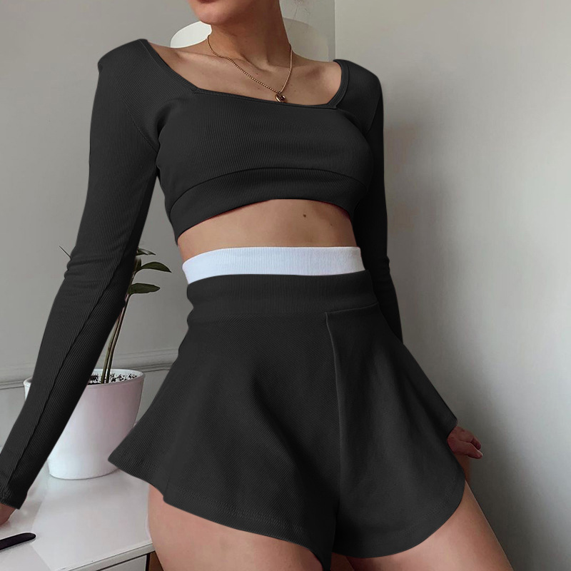 tracksuits fashion culottes suit women 2021 new color matching slim top, White;black
tracksuits fashion culottes suit women 2021 new color matching slim top, White;black