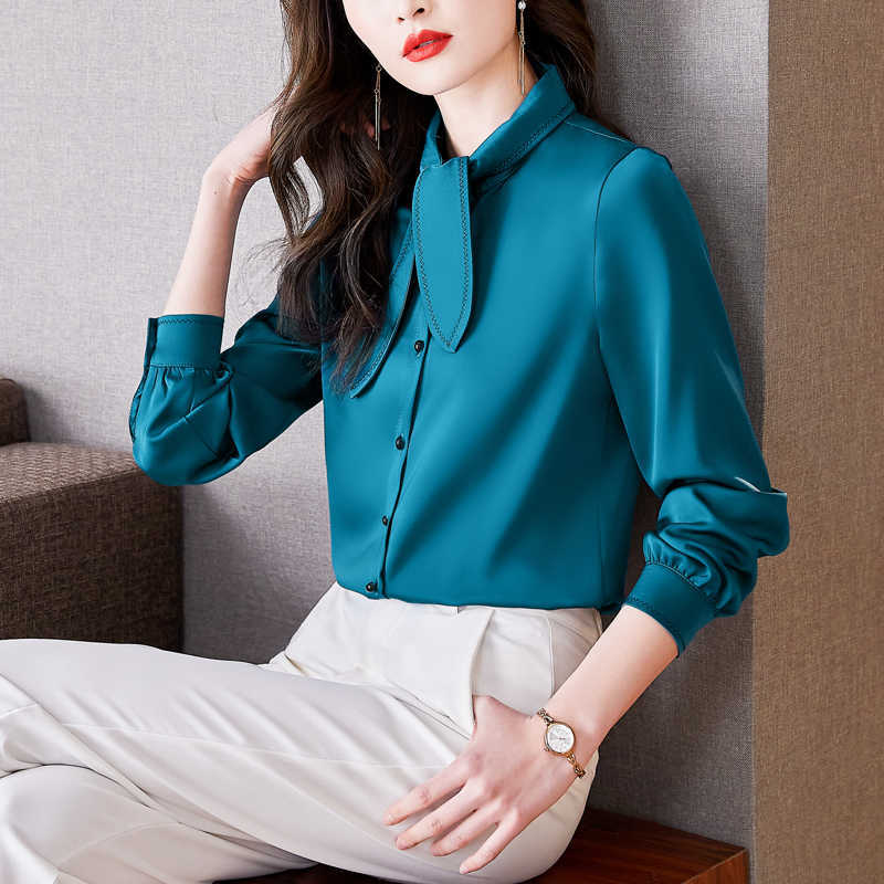 Korean Women Silk Blouses Woman Satin Bow Shirts Embroidery Top Plus Size Long Sleeve 210604