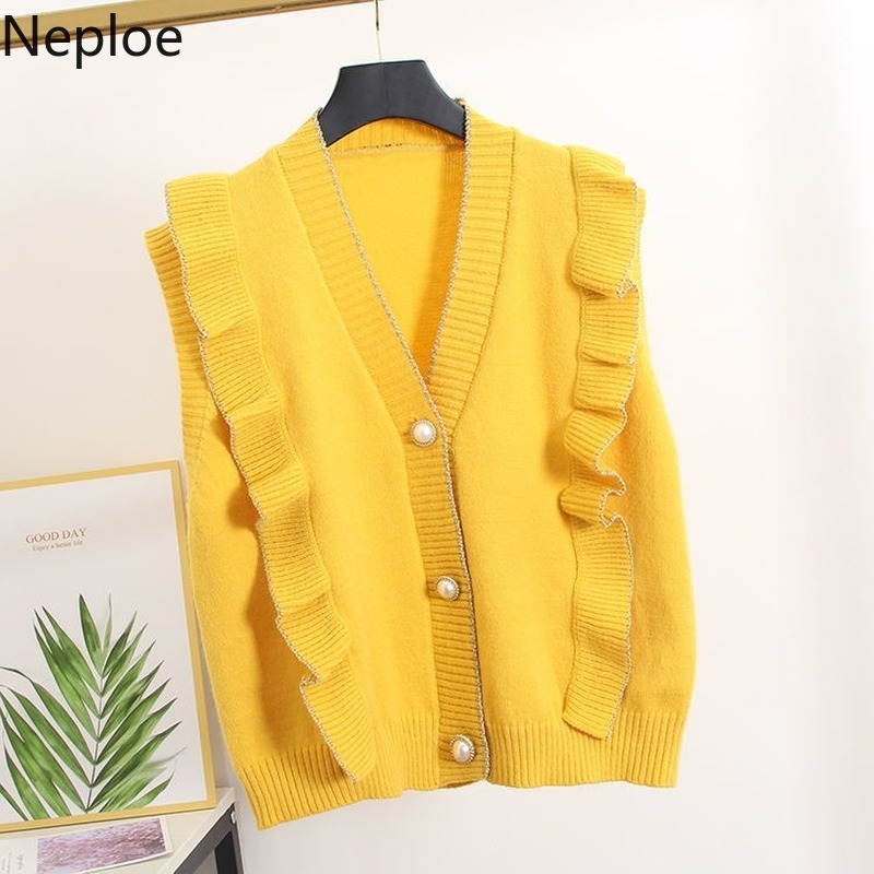 Neploe Knit Sweaters Vest Korean Loose V-neck Sleeveless Waistcoat Sweet Ruffles Fashion Coat Autumn Winter Clothes Tank Tops 210422