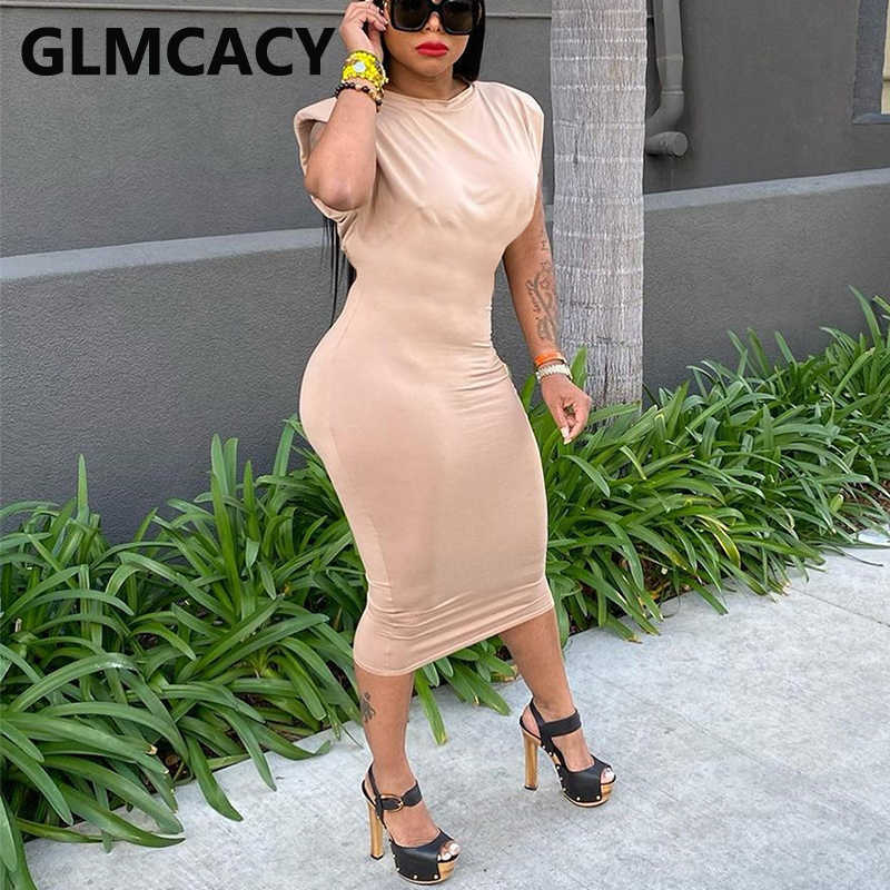 Padded O Neck Casual Midi Dress Solid Bodycon Dresses 210702