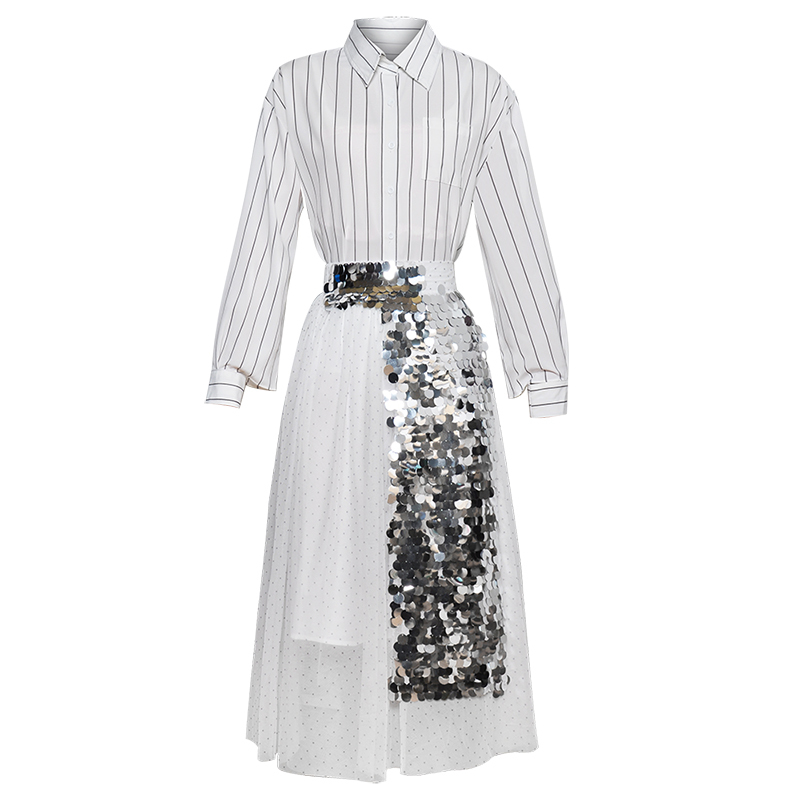 DEAT New Summer Fashion Women Clothes Turn-down Collar Full Sleeves Striped Spliced Sequins Shirt Dress Tide WL86000XL 210428