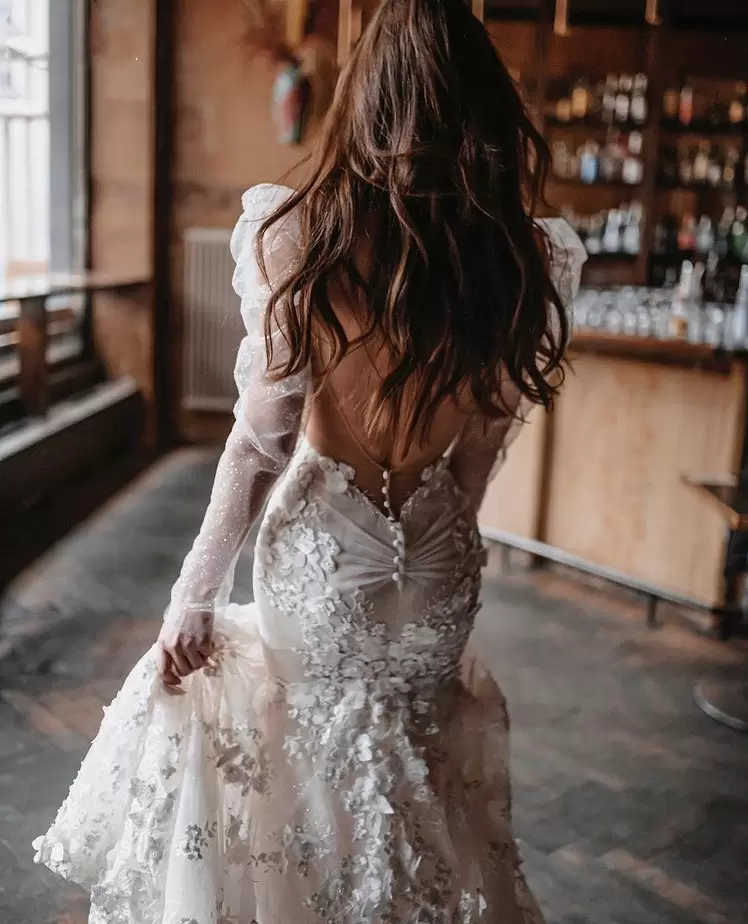 Boho Mermaid Wedding Dresses Bridal Gown Backless 3D Ral Applique Handmade Wers Long Sleeves Illusion Beads Sweep Train Custom Made Plus Size Vestido 