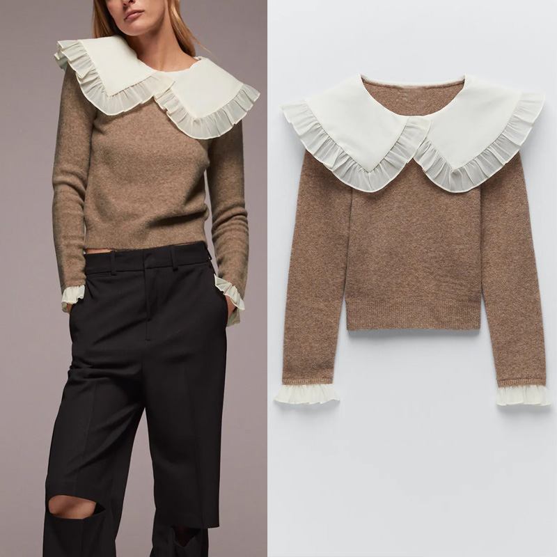 Za Autumn Women Ruffle Knit Sweater Ladies Fashion Peter Pan Collar Long Sleeve Combination Pullover Female Casual Knitted Top, As picture
Za Autumn Women Ruffle Knit Sweater Ladies Fashion Peter Pan Collar Long Sleeve Combination Pullover Female Casual Knitted Top, As picture