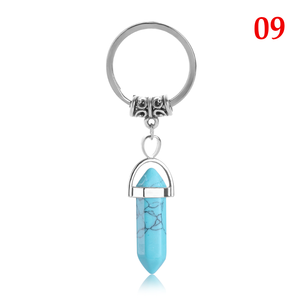 Natural Stone hexagonal prism Keychains Silver Color Healing Pink Crystal Car Decor key rings Keyholder for Women Men