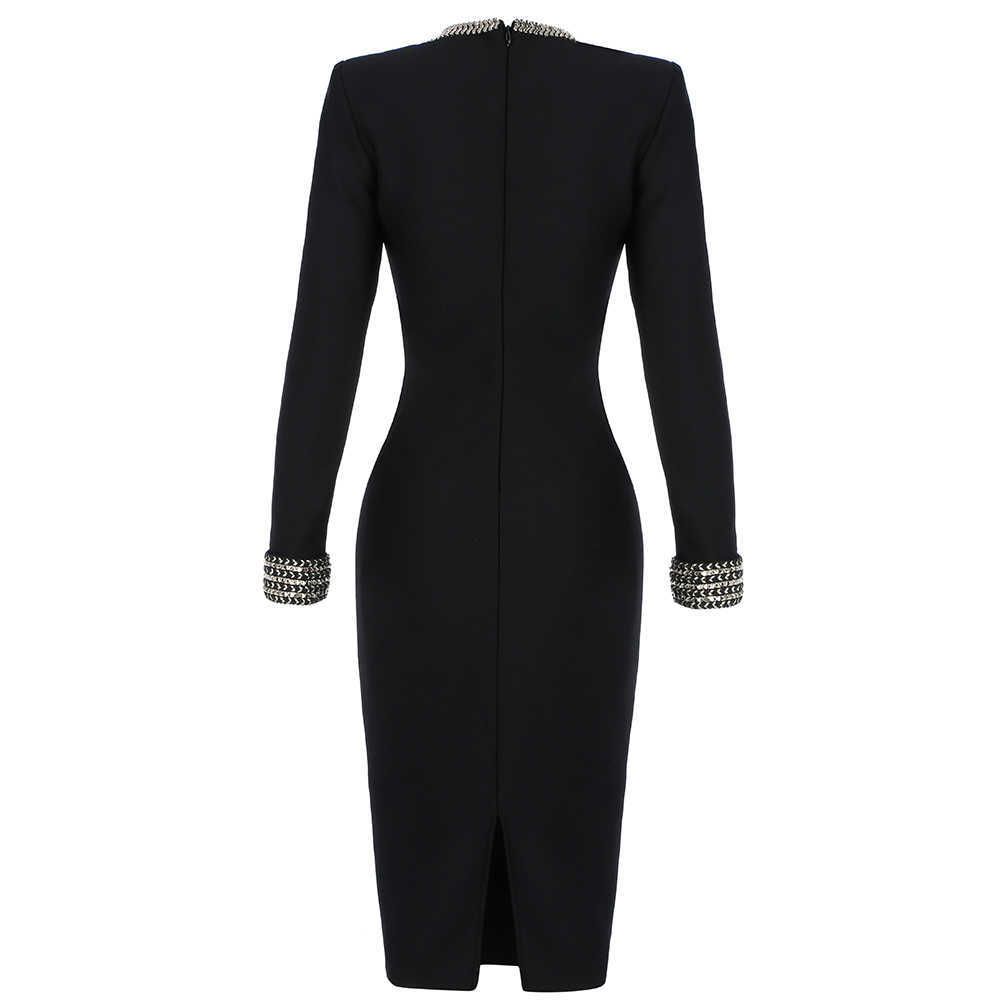 Fashion Women Sexy Hollow Beaded Long Sleeve Round Neck Black Midi Bandage Celebrity Runway Party Club Dress 210527