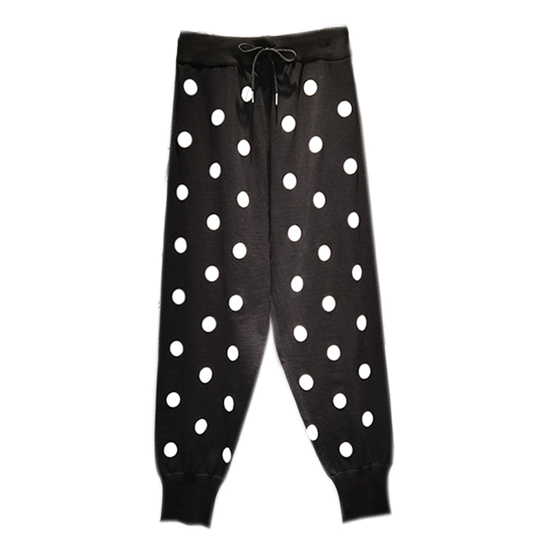 Nomikuma Korean Dot Knitted Harem Pants Lace Up Stretch High Waist Long Women Trousers Causal Autumn New Pants Femme 6C314 210427
