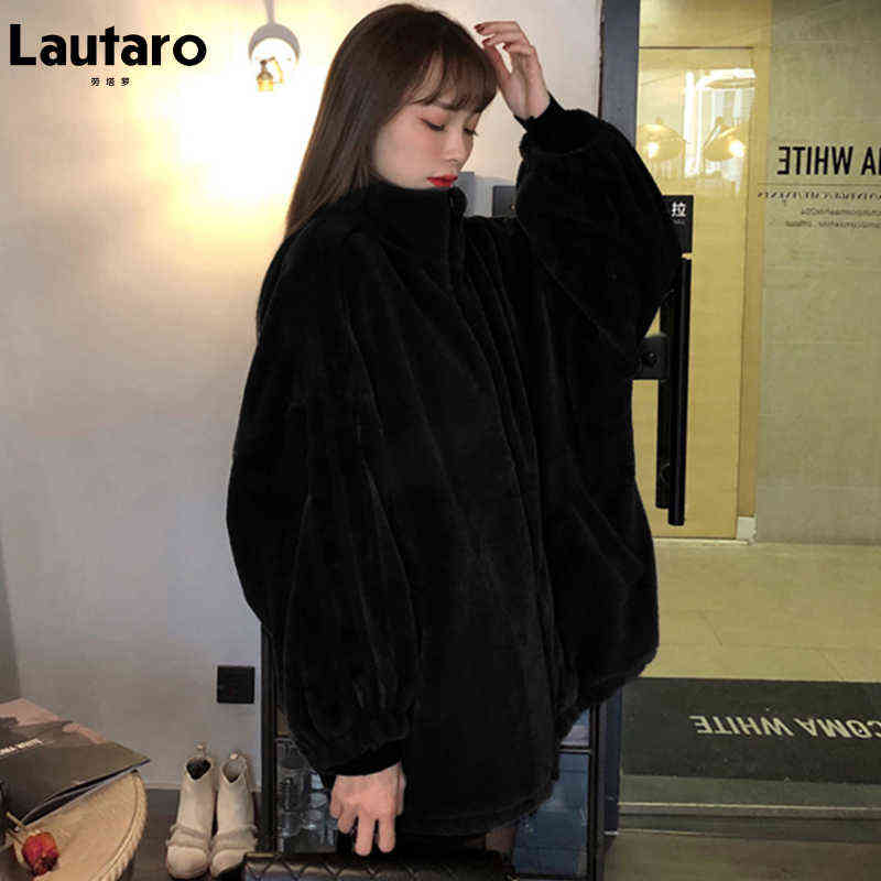 Lautaro Winter Black Oversized Faux Fur Jacket Women Long Sleeve Stand Collar Korean Fashion Arrivals Womens Clothing 211123