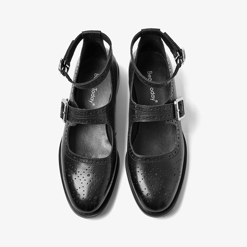 Dress shoes Mary Janes Women Cow Leather Flats Double Buckles Round Toe Brogue Ankle Strap Ladies Shoes Handmade 27510