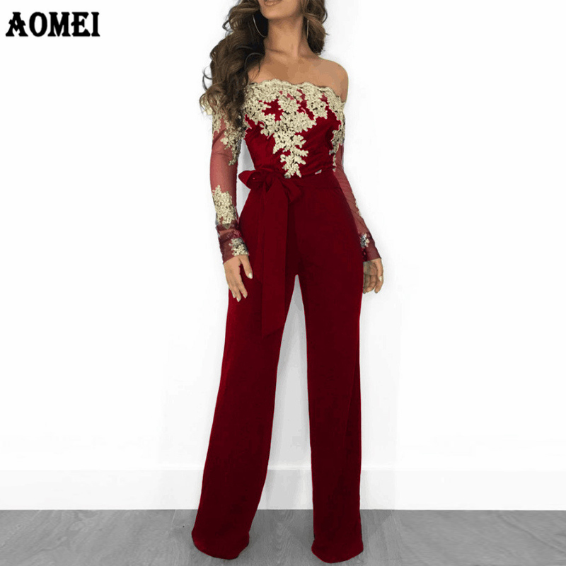 Women Overalls Jumpsuit Autumn Lace Tulle Off Shoulder Slash Neck Gold Embroidery Waistbelt Elegant Femme Office Casual Clothing, Blue gold
Women Overalls Jumpsuit Autumn Lace Tulle Off Shoulder Slash Neck Gold Embroidery Waistbelt Elegant Femme Office Casual Clothing, Blue gold