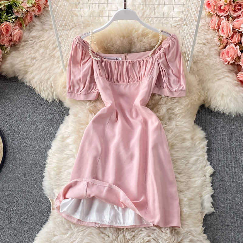 LY VAREY LIN Summer Women Sweet Square Collar Solid Color High Waist Dresses Casual Puff Sleeve Slim A-line Female 210526